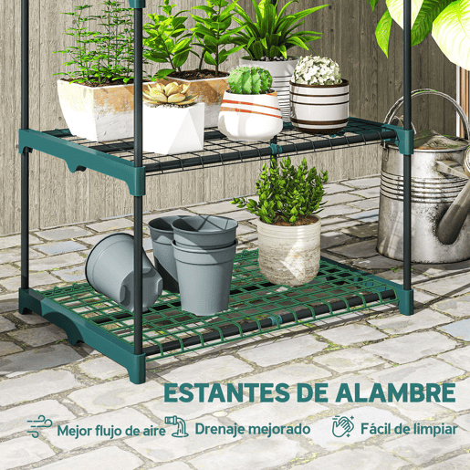 Outsunny Suporte para Plantas de 5 Níveis Estante de Aço com Prateleiras de Rede Interior e Exterior, 67x49x138 cm Verde Escuro