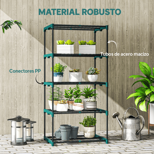 Outsunny Suporte para Plantas de 5 Níveis Estante de Aço com Prateleiras de Rede Interior e Exterior, 67x49x138 cm Verde Escuro