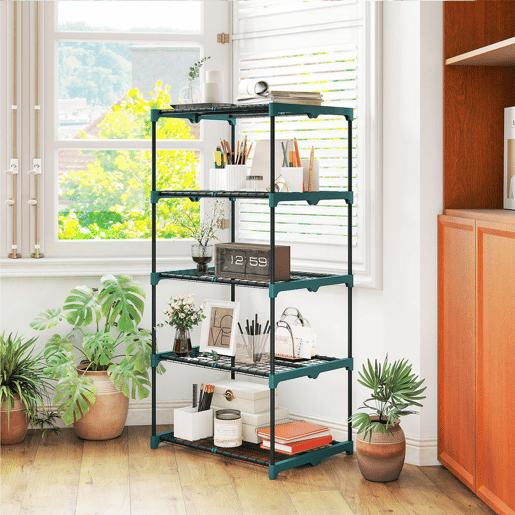 Outsunny Suporte para Plantas de 5 Níveis Estante de Aço com Prateleiras de Rede Interior e Exterior, 67x49x138 cm Verde Escuro