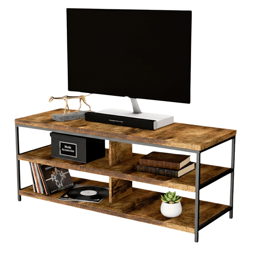 Conjunto de móveis para sala de estar de 3 peças, composto por rack para TV, mesa de centro e poltrona, nas cores carvalho e preto.