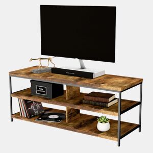Conjunto de móveis para sala de estar de 3 peças, composto por rack para TV, mesa de centro e poltrona, nas cores carvalho e preto.