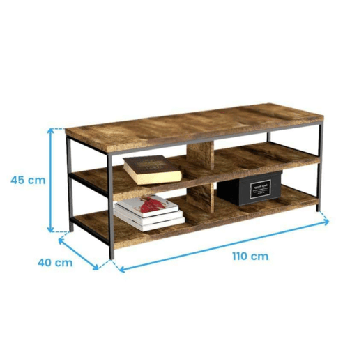 Conjunto de móveis para sala de estar de 3 peças, composto por rack para TV, mesa de centro e poltrona, nas cores carvalho e preto.