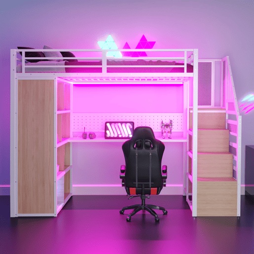 Cama alta metálica 90x200 cm - com armário, secretária e LED - branco