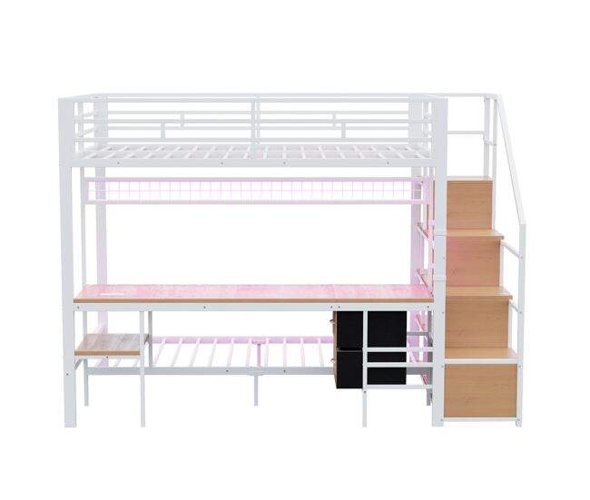 Cama alta metálica 140x200+90x200 - multifunción con escritorio, led, enchufes y almacenaje - blanco