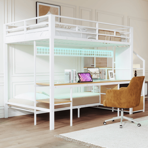 Cama alta metálica 140x200+90x200 - Multifuncional com secretária, LED, tomadas e arrumação - Branco