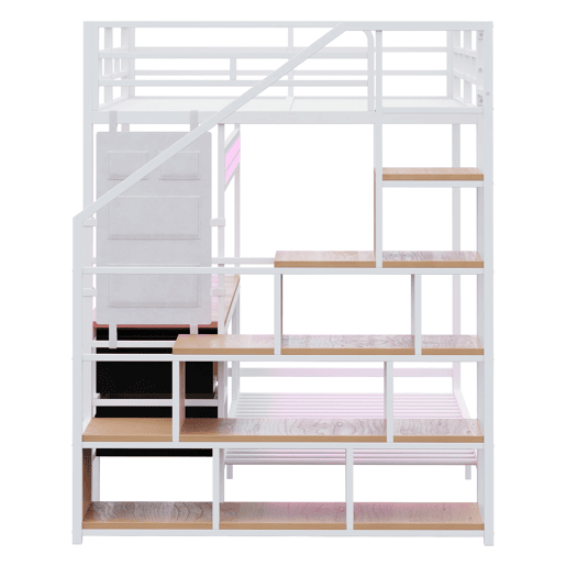 Cama alta metálica 140x200+90x200 - Multifuncional com secretária, LED, tomadas e arrumação - Branco