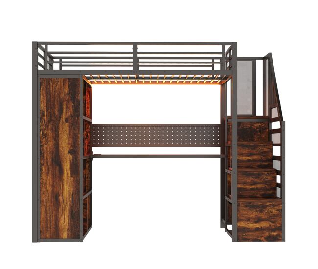 Cama alta metálica 90x200 cm - con armario, escritorio, led y enchufes - negro