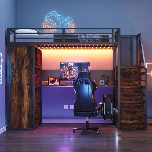 Cama alta metálica 90x200 cm - com armário, secretária, LED e tomadas - preta