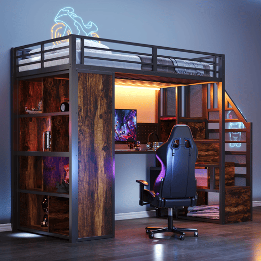 Cama alta metálica 90x200 cm - com armário, secretária, LED e tomadas - preta