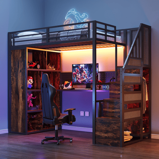 Cama alta metálica 90x200 cm - com armário, secretária, LED e tomadas - preta