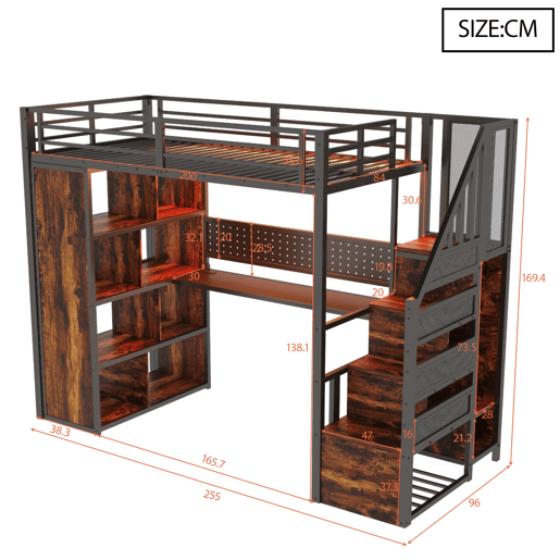 Cama alta metálica 90x200 cm - com armário, secretária, LED e tomadas - preta