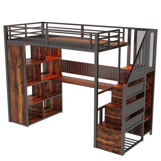 Cama alta metálica 90x200 cm - com armário, secretária, LED e tomadas - preta