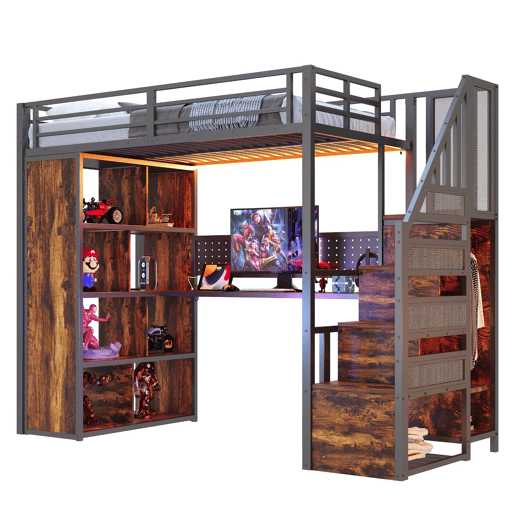 Cama alta metálica 90x200 cm - com armário, secretária, LED e tomadas - preta