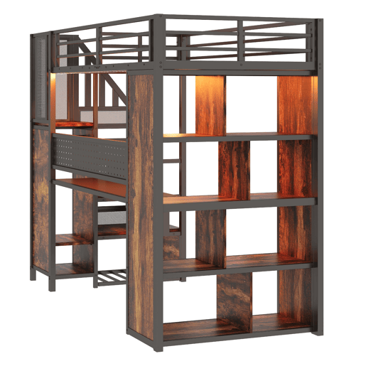 Cama alta metálica 90x200 cm - com armário, secretária, LED e tomadas - preta