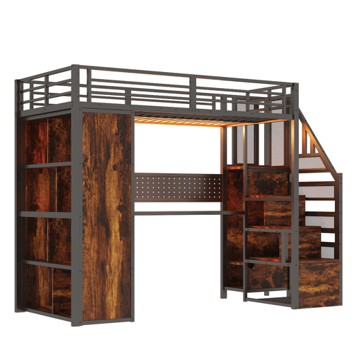 Cama alta metálica 90x200 cm - com armário, secretária, LED e tomadas - preta