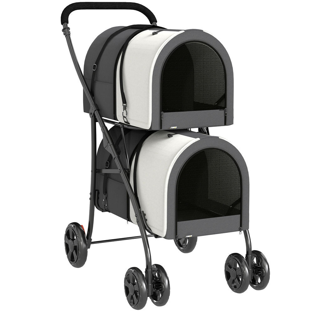 Pawhut carrito doble para perros gatos cochecito plegable para mascotas con 2 transportines extraíbles cinturón de seguridad bolsillos laterales y 2 cojines cada carga 10 kg 79x53x98 cm gris oscuro