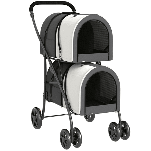 PawHut Carrinho Duplo para Cães e Gatos Dobrável com 2 Transportadoras Removíveis Cinto de Segurança Bolsos Laterais e 2 Almofadas Cada Compartimento Suporta 10 kg 66x50x98 cm Cinzento Escuro