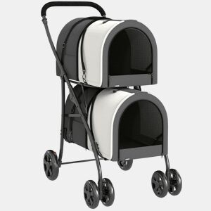 PawHut Carrinho Duplo para Cães e Gatos Dobrável com 2 Transportadoras Removíveis Cinto de Segurança Bolsos Laterais e 2 Almofadas Cada Compartimento Suporta 10 kg 66x50x98 cm Cinzento Escuro