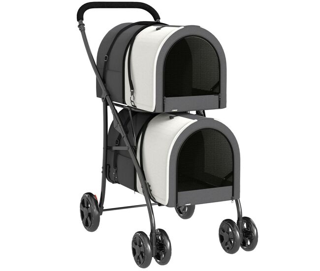 Pawhut carrito doble para perros gatos cochecito plegable para mascotas con 2 transportines extraíbles cinturón de seguridad bolsillos laterales y 2 cojines cada carga 10 kg 79x53x98 cm gris oscuro