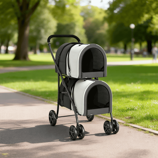 PawHut Carrinho Duplo para Cães e Gatos Dobrável com 2 Transportadoras Removíveis Cinto de Segurança Bolsos Laterais e 2 Almofadas Cada Compartimento Suporta 10 kg 66x50x98 cm Cinzento Escuro