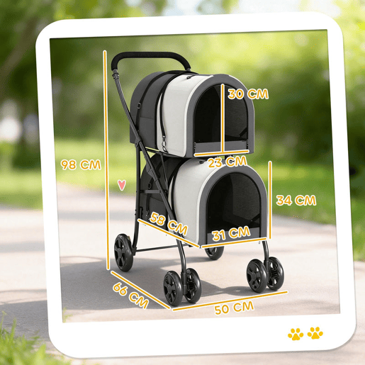 PawHut Carrinho Duplo para Cães e Gatos Dobrável com 2 Transportadoras Removíveis Cinto de Segurança Bolsos Laterais e 2 Almofadas Cada Compartimento Suporta 10 kg 66x50x98 cm Cinzento Escuro