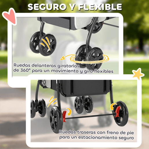 PawHut Carrinho Duplo para Cães e Gatos Dobrável com 2 Transportadoras Removíveis Cinto de Segurança Bolsos Laterais e 2 Almofadas Cada Compartimento Suporta 10 kg 66x50x98 cm Cinzento Escuro