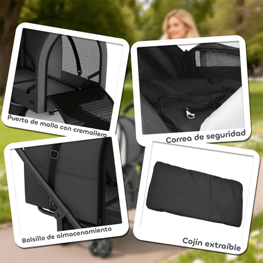 PawHut Carrinho Duplo para Cães e Gatos Dobrável com 2 Transportadoras Removíveis Cinto de Segurança Bolsos Laterais e 2 Almofadas Cada Compartimento Suporta 10 kg 66x50x98 cm Cinzento Escuro