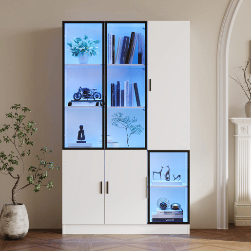 Vitrine de vidro 200 cm - Estante multiusos com luzes LED, porta de vidro e moldura de alumínio - Branco