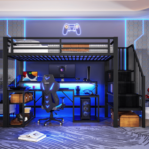 Cama alta 90x200 cm - Estrutura em ferro, secretária, escada com arrumação, LED, USB - Preto