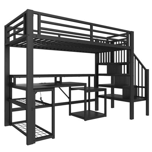 Cama alta 90x200 cm - Estrutura em ferro, secretária, escada com arrumação, LED, USB - Preto