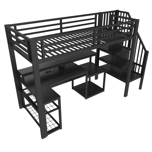 Cama alta 90x200 cm - Estrutura em ferro, secretária, escada com arrumação, LED, USB - Preto