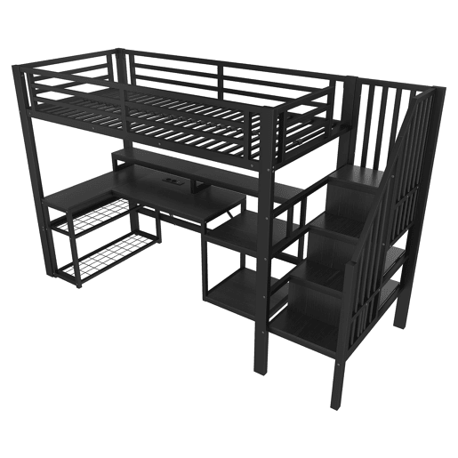 Cama alta 90x200 cm - Estrutura em ferro, secretária, escada com arrumação, LED, USB - Preto