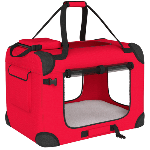 PawHut Transportadora Dobrável para Cães 60x41,5x41 cm com Janelas de Rede Almofada Macia e 2 Alças Bolsa para Mini Cães e Gatos Vermelho