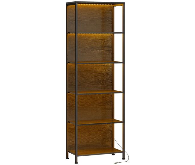Homcom librería de 5 niveles con luces led de 7 colores, estantería para libros, 60x30x179 cm, estantería industrial con marco de acero, para salón, dormitorio, estudio, oficina, negro
