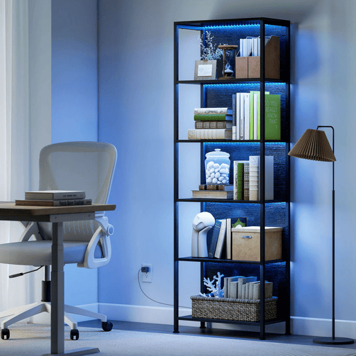 HOMCOM Estante de 5 Níveis com Luzes LED de 7 Cores Estante para Livros 60x30x179 cm Estante Industrial com Estrutura de Aço para Sala Quarto Escritório Preto