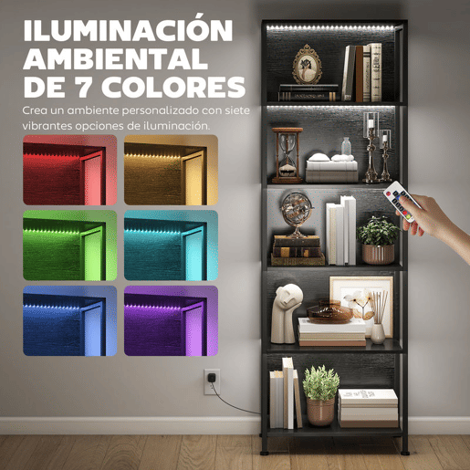 HOMCOM Estante de 5 Níveis com Luzes LED de 7 Cores Estante para Livros 60x30x179 cm Estante Industrial com Estrutura de Aço para Sala Quarto Escritório Preto