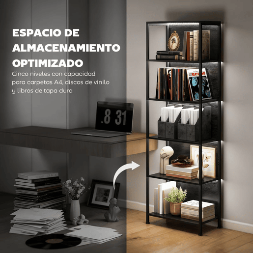 HOMCOM Estante de 5 Níveis com Luzes LED de 7 Cores Estante para Livros 60x30x179 cm Estante Industrial com Estrutura de Aço para Sala Quarto Escritório Preto