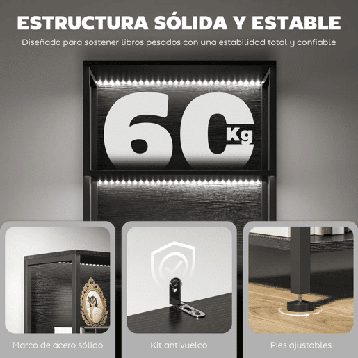 HOMCOM Estante de 5 Níveis com Luzes LED de 7 Cores Estante para Livros 60x30x179 cm Estante Industrial com Estrutura de Aço para Sala Quarto Escritório Preto