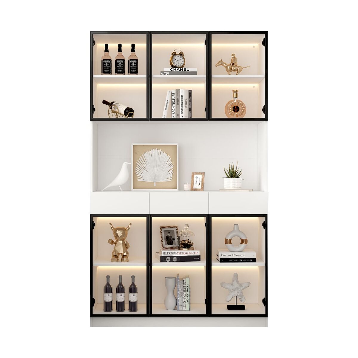 Vitrina de vidrio 200 cm - estantería multiusos con luces led - blanco