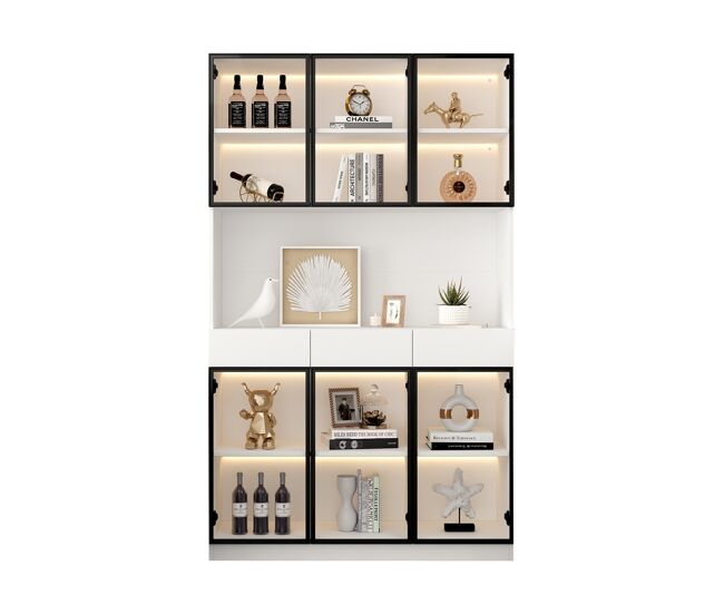 Vitrina de vidrio 200 cm - estantería multiusos con luces led - blanco
