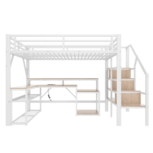 Cama alta 140x200 cm - Metal, estante, escada com arrumação, secretária, LED, USB - Branco