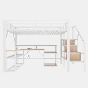 Cama alta 140x200 cm - Metal, estante, escada com arrumação, secretária, LED, USB - Branco