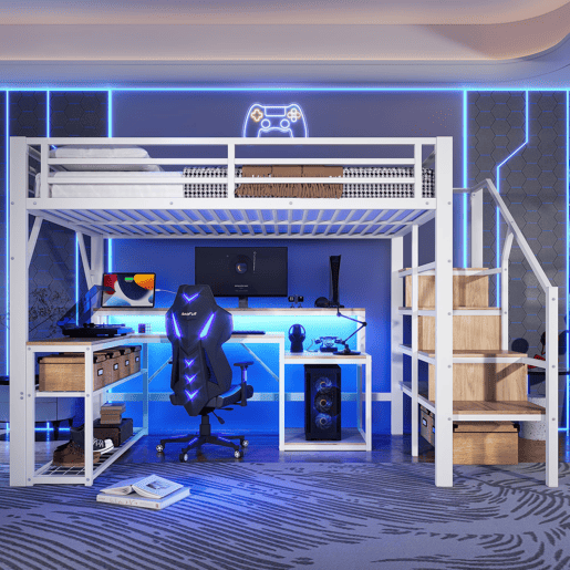 Cama alta 140x200 cm - Metal, estante, escada com arrumação, secretária, LED, USB - Branco