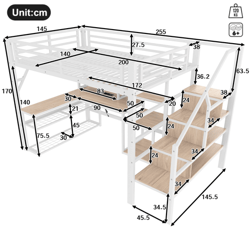 Cama alta 140x200 cm - Metal, estante, escada com arrumação, secretária, LED, USB - Branco