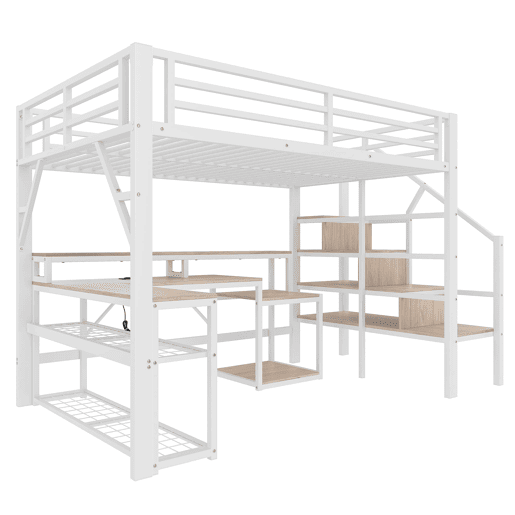 Cama alta 140x200 cm - Metal, estante, escada com arrumação, secretária, LED, USB - Branco