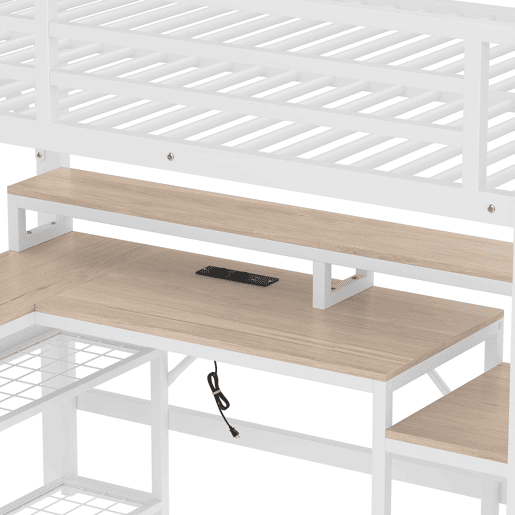 Cama alta 140x200 cm - Metal, estante, escada com arrumação, secretária, LED, USB - Branco