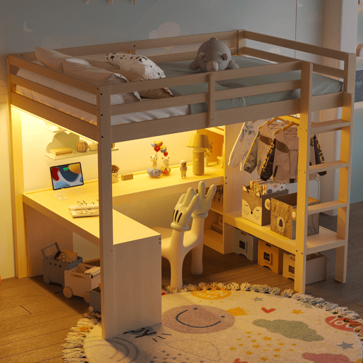 Cama alta 140x200 - Estantes multifuncionais, secretária inferior, luz LED e USB - Natural