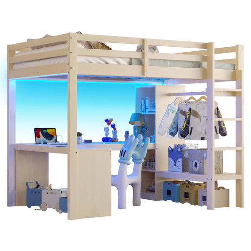 Cama alta 140x200 - Estantes multifuncionais, secretária inferior, luz LED e USB - Natural