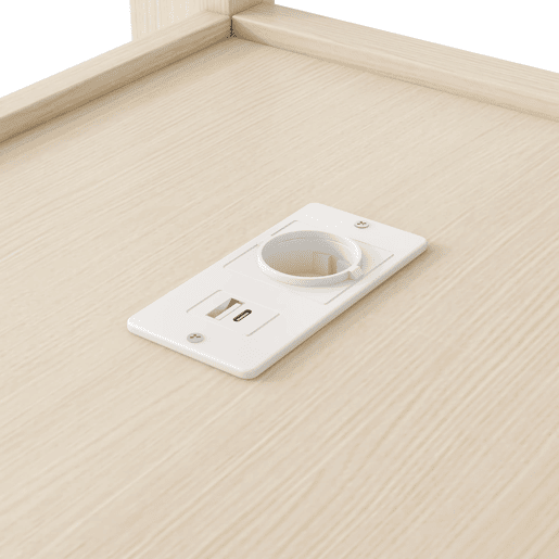 Cama alta 140x200 - Estantes multifuncionais, secretária inferior, luz LED e USB - Natural