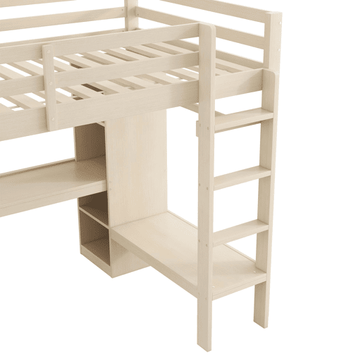 Cama alta 140x200 - Estantes multifuncionais, secretária inferior, luz LED e USB - Natural